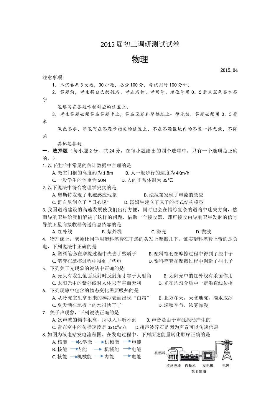 常熟市2015年物理一模试卷( 含答案)_第1页