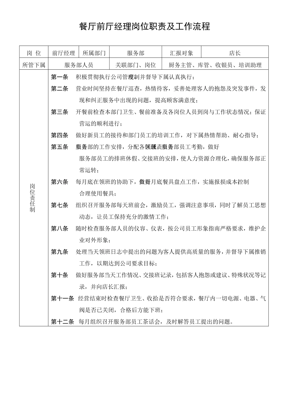 餐厅前厅经理岗位职责及工作流程_第1页