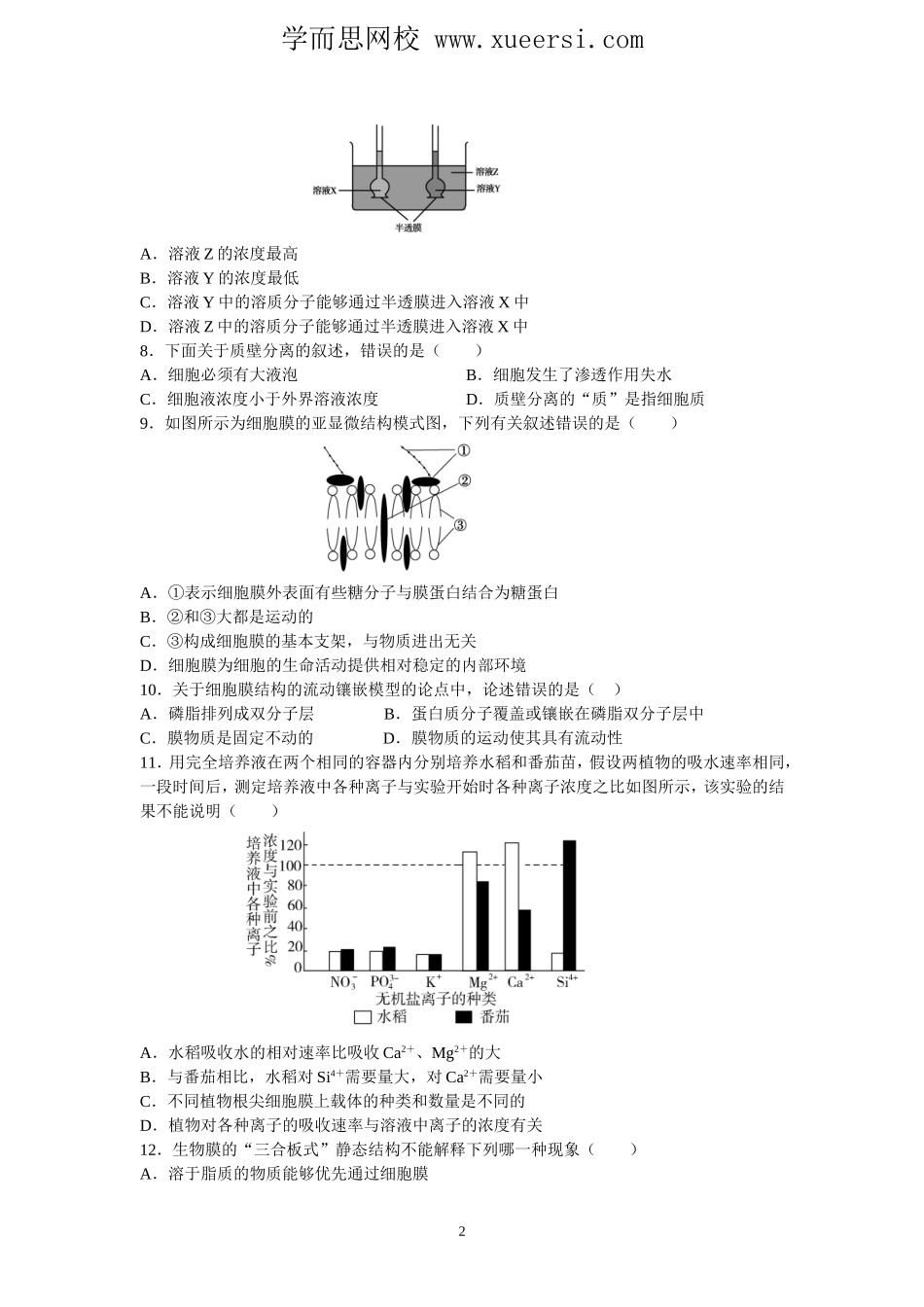 《物质跨膜运输的实例及生物膜的流动镶嵌模型》测试题_第2页