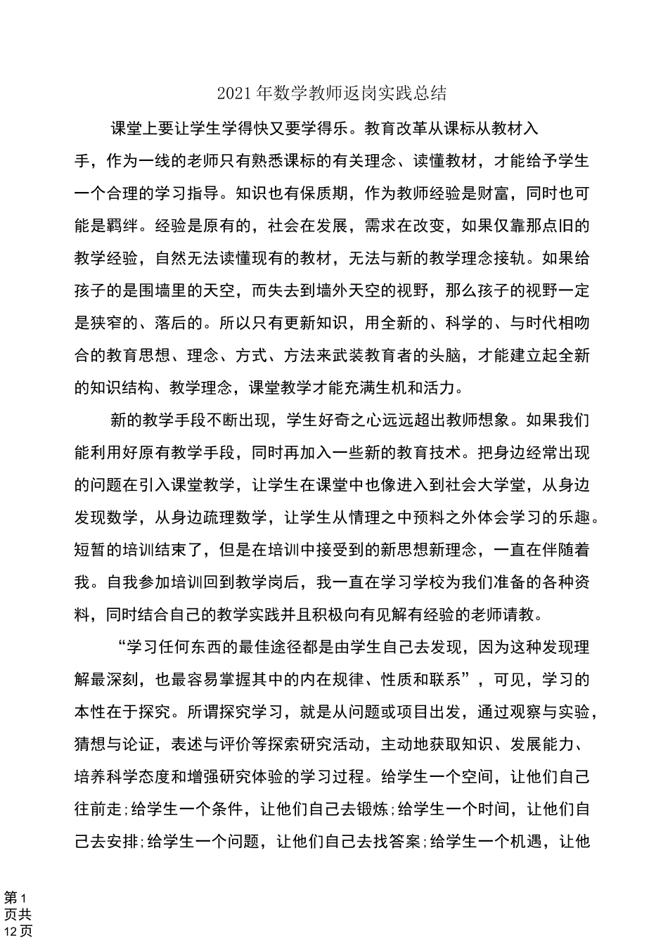 2021年数学教师返岗实践总结_第1页