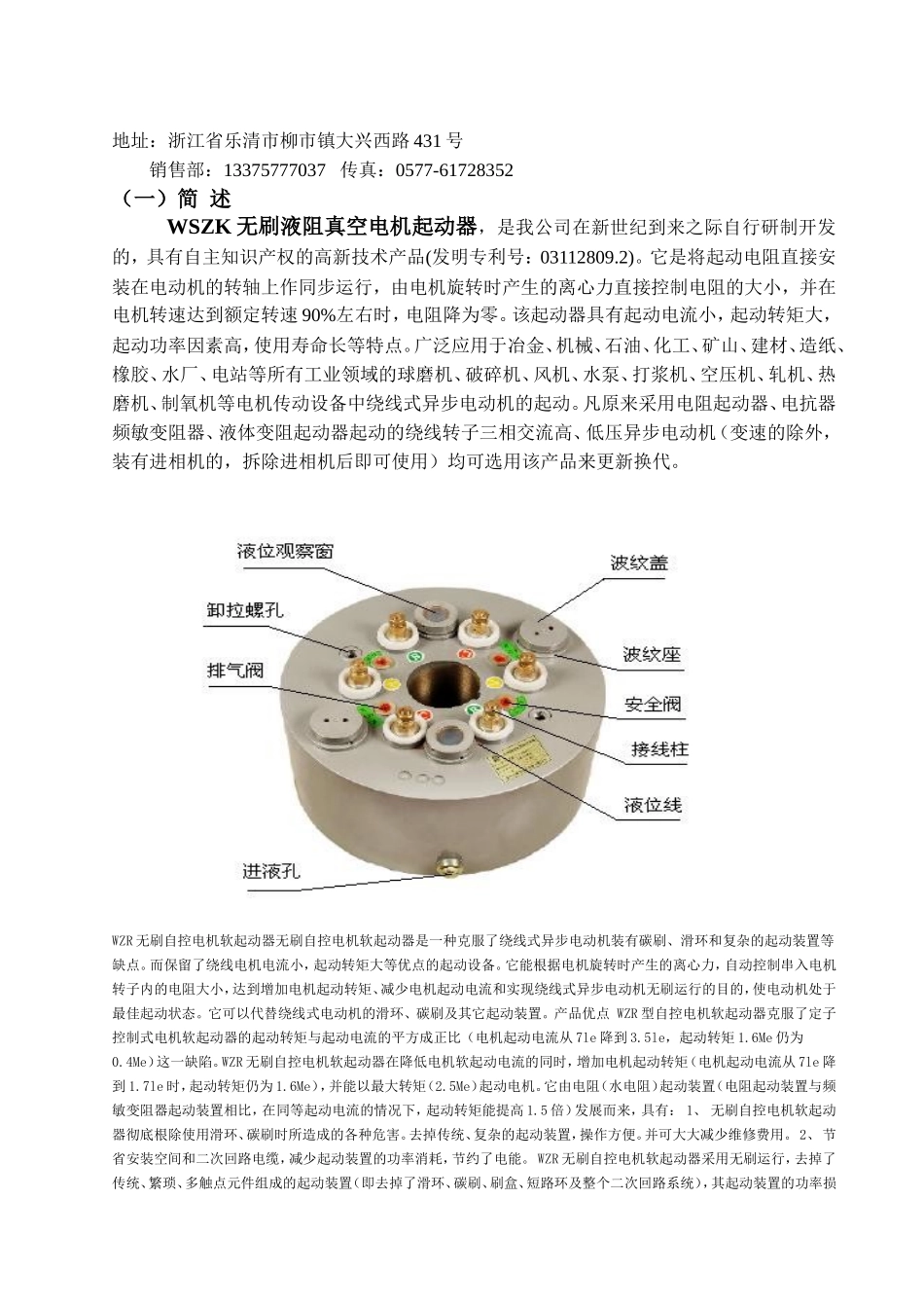 WSZK无刷液阻真空电机起动器销售方案及图解说明书_第1页