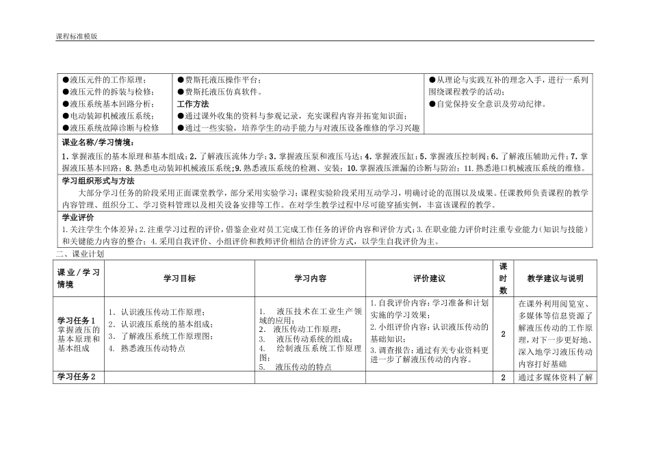 《液压传动技术》课程标准(起重机械维修方向)_第3页