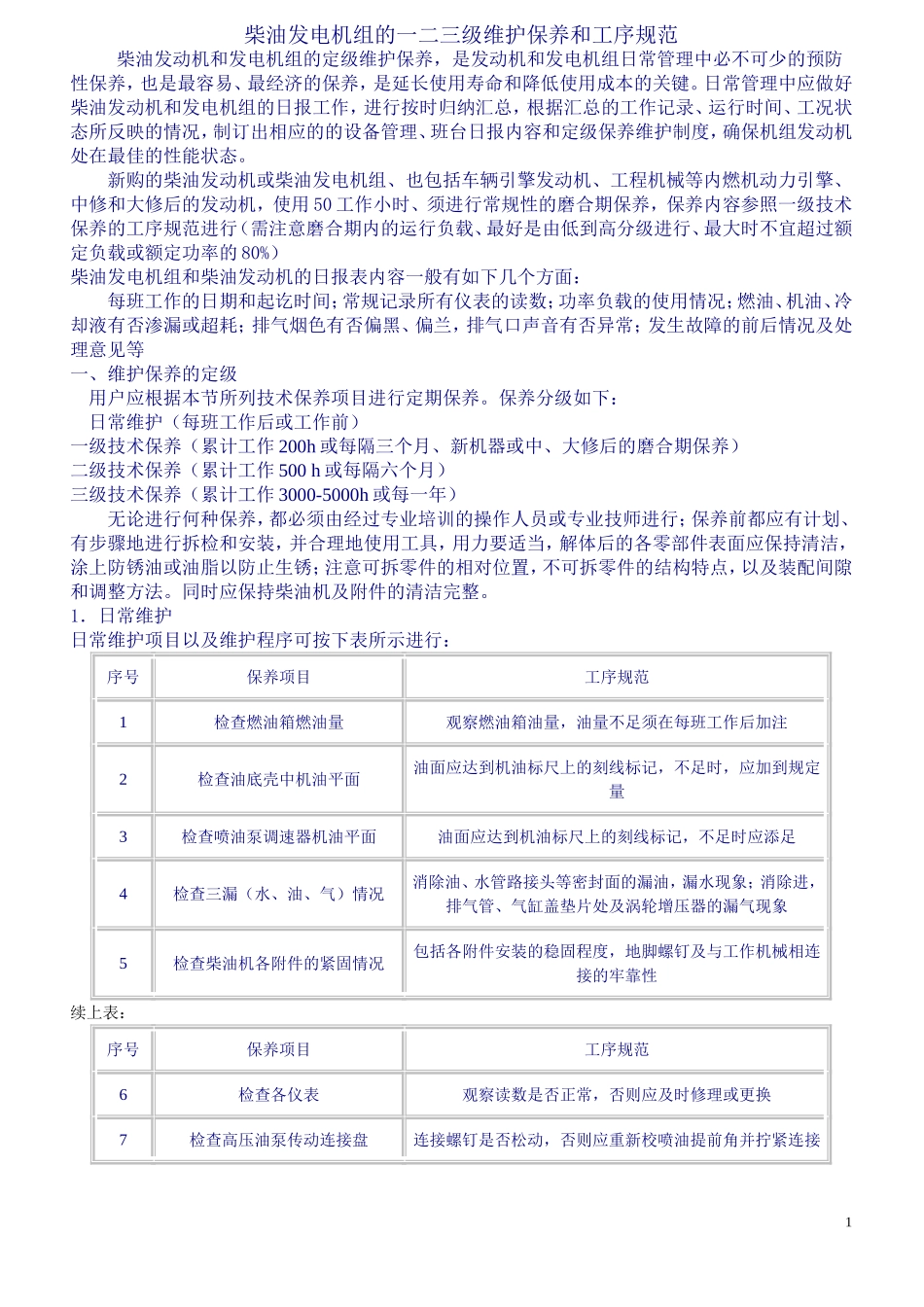 柴油发电机组的一二三级维护保养工序规范_第1页