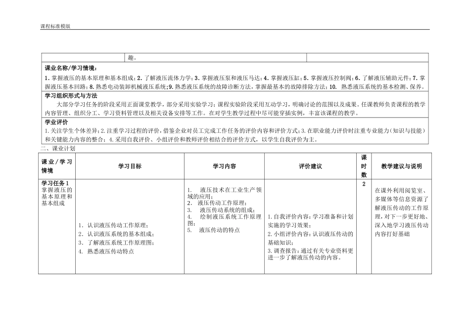 《液压传动技术》课程标准(起重机械驾驶方向)_第3页