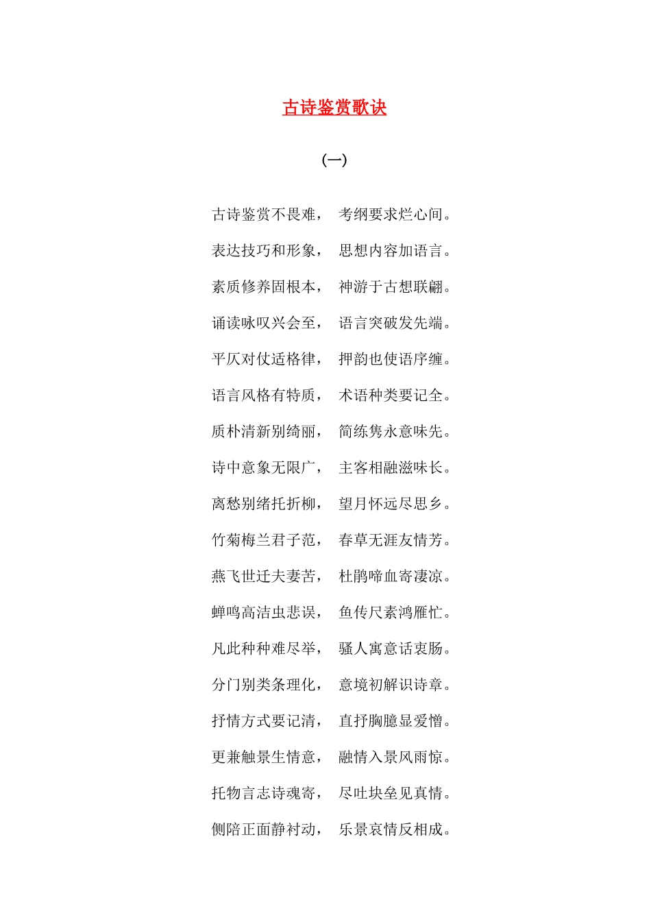 高考语文 古诗鉴赏歌诀素材 _第1页