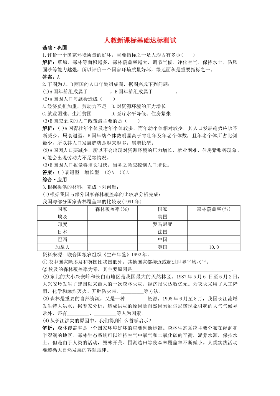 高中生物 人口增长对生态环境的影响基础达标测试 新人教版必修3 _第1页