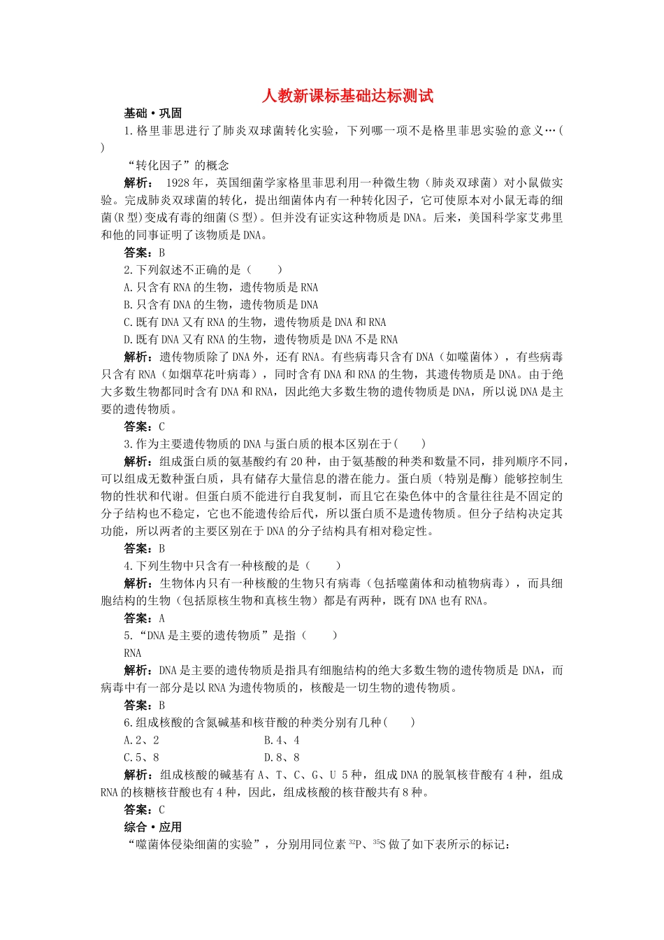 高中生物 DNA是主要的遗传物质基础达标测试 新人教版必修2 _第1页