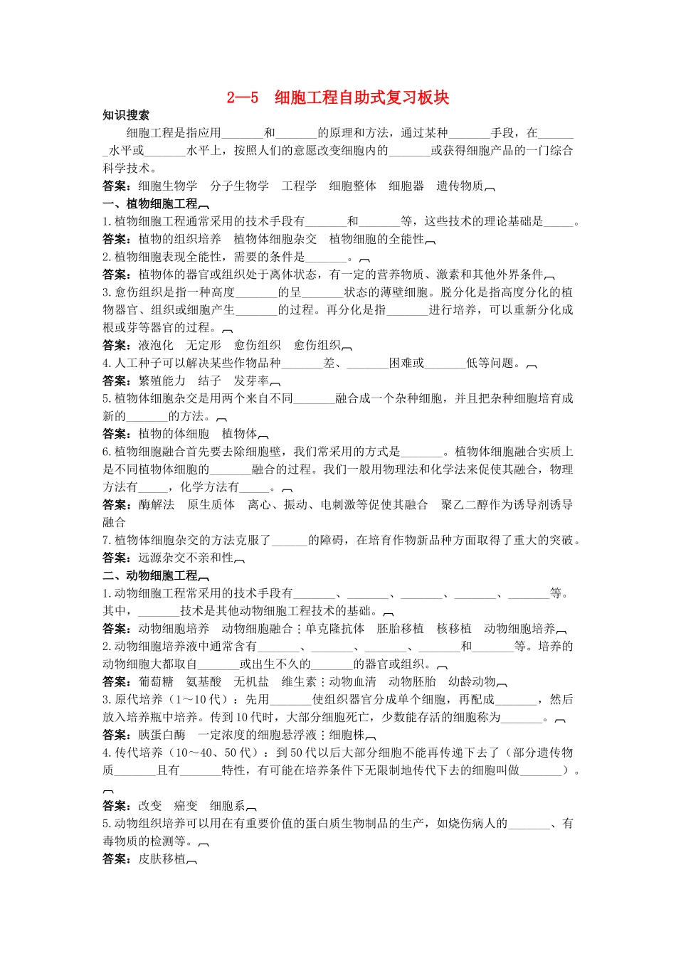 高中生物 25 细胞工程总复知识搜索与探究归纳 _第1页