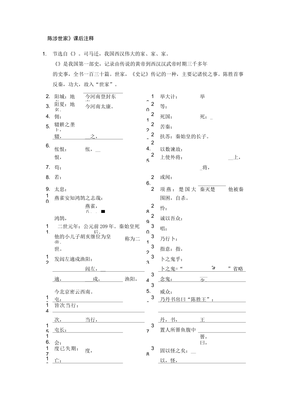 《陈涉世家》课后注释默写_第1页