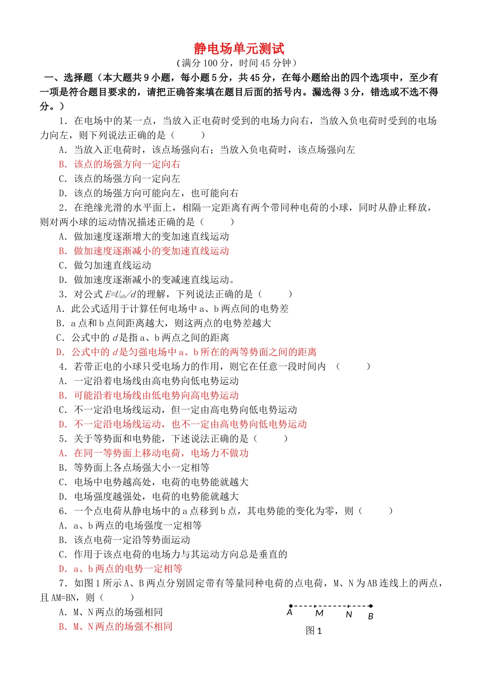 高中物理 静电场单元测试 新人教版选修3 _第1页