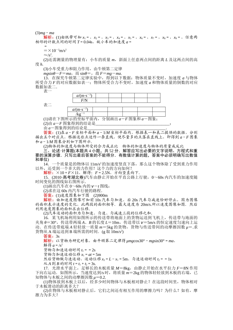 高中物理 第四章牛顿运动定律综合检测及答案 新人教版必修1 _第3页