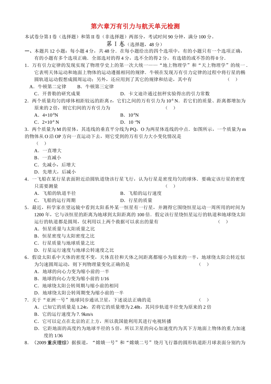 高中物理 第六章万有引力与航天单元检测 新人教版必修2 _第1页