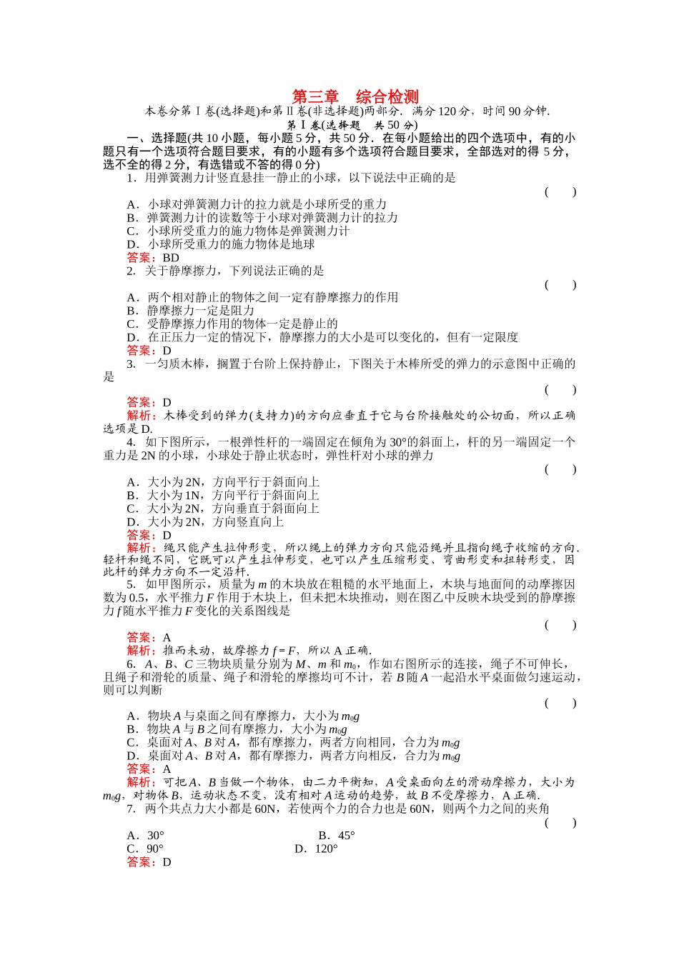 高中物理 第三章 相互作用综合检测及答案 新人教版必修1 _第1页