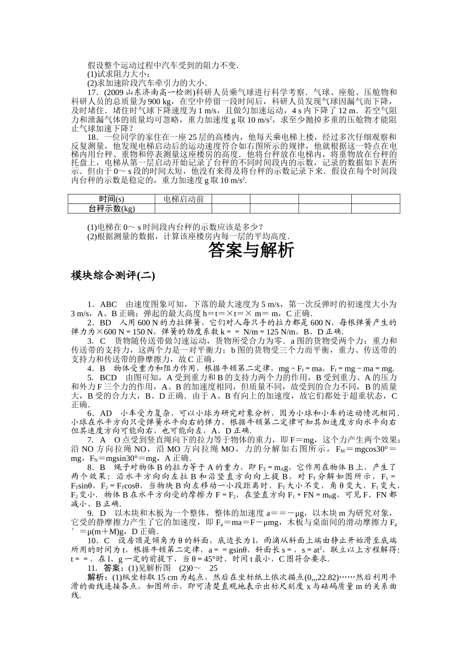 高中物理 模块综合测评二同步训练 新人教版必修1 _第3页