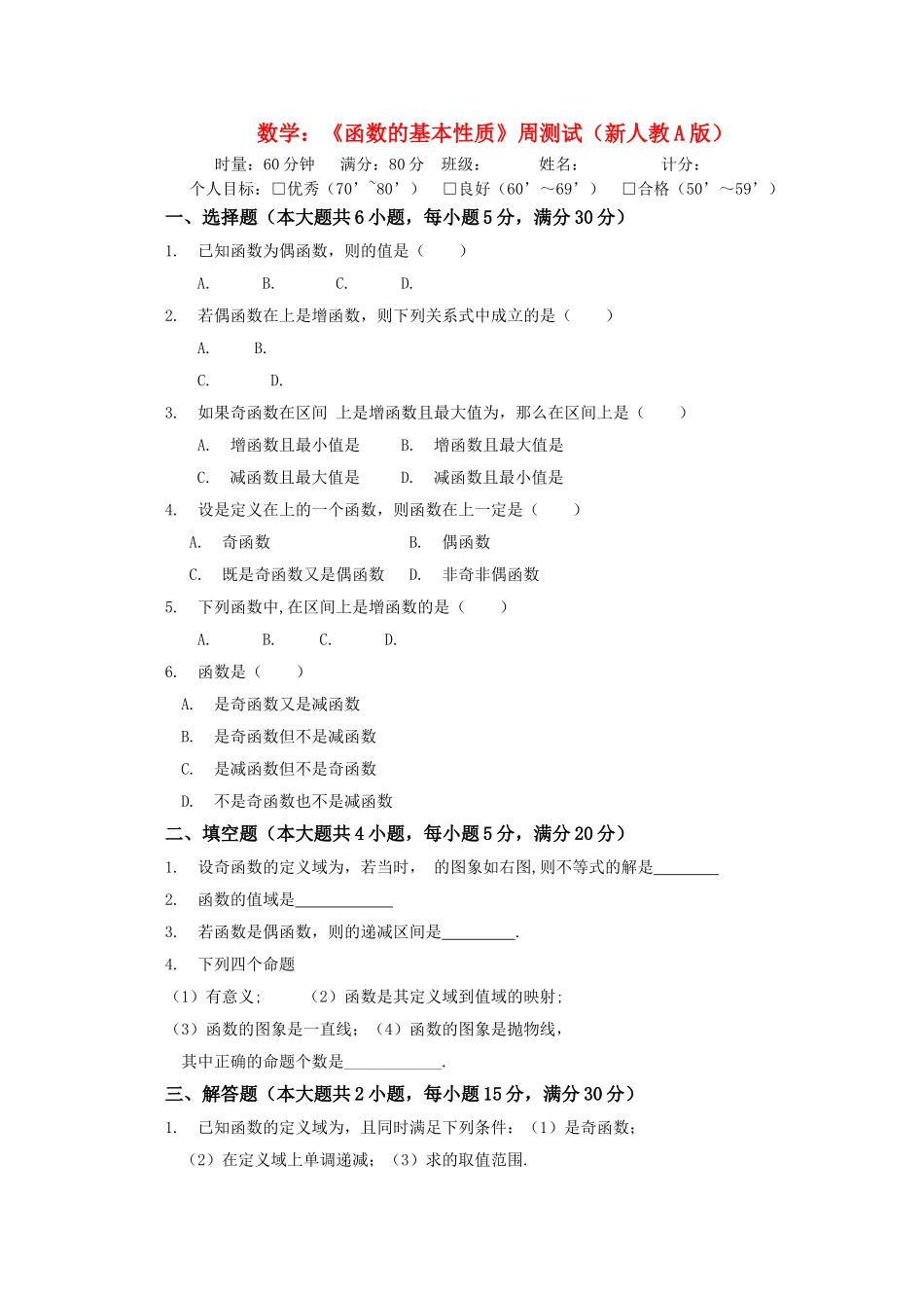 高中数学函数的基本性质周测试 新人教A版必修1 _第1页