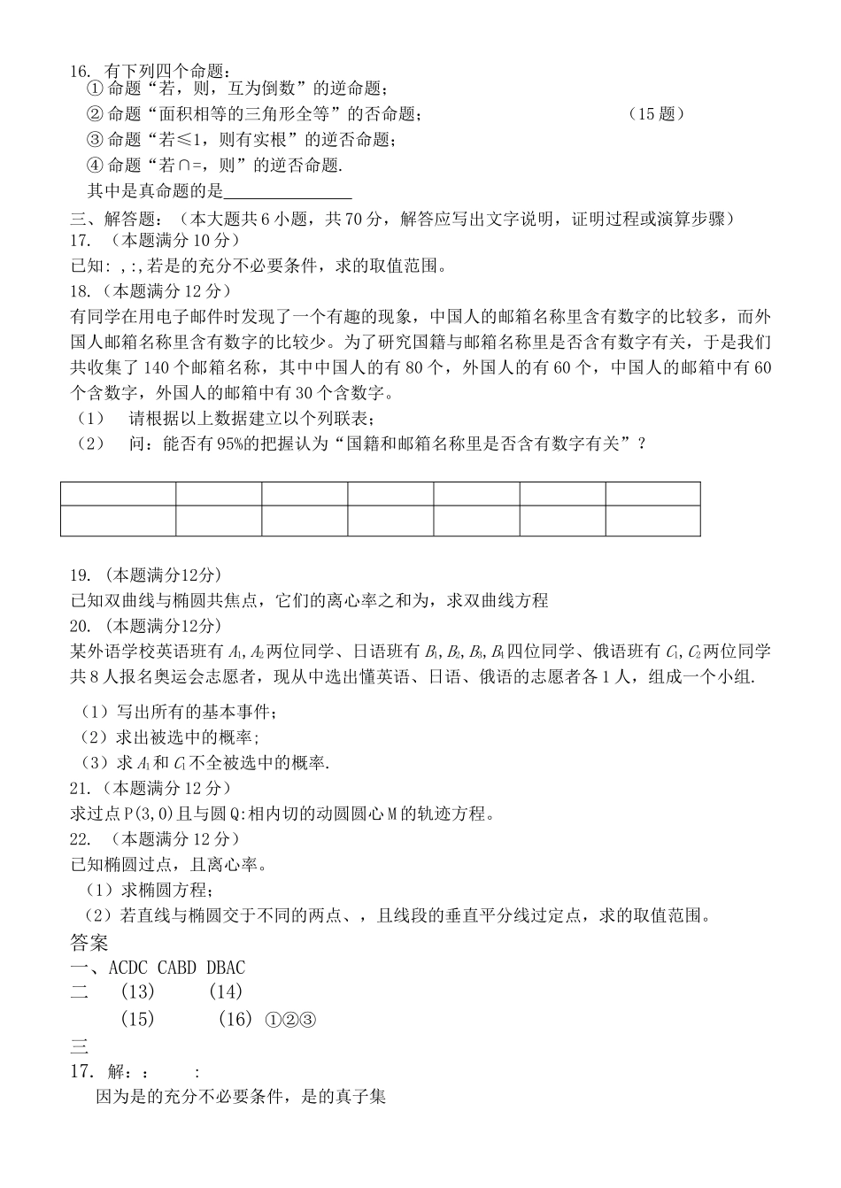 高中数学 上学期第二次月考试题 文 新人教A版选修12 _第2页