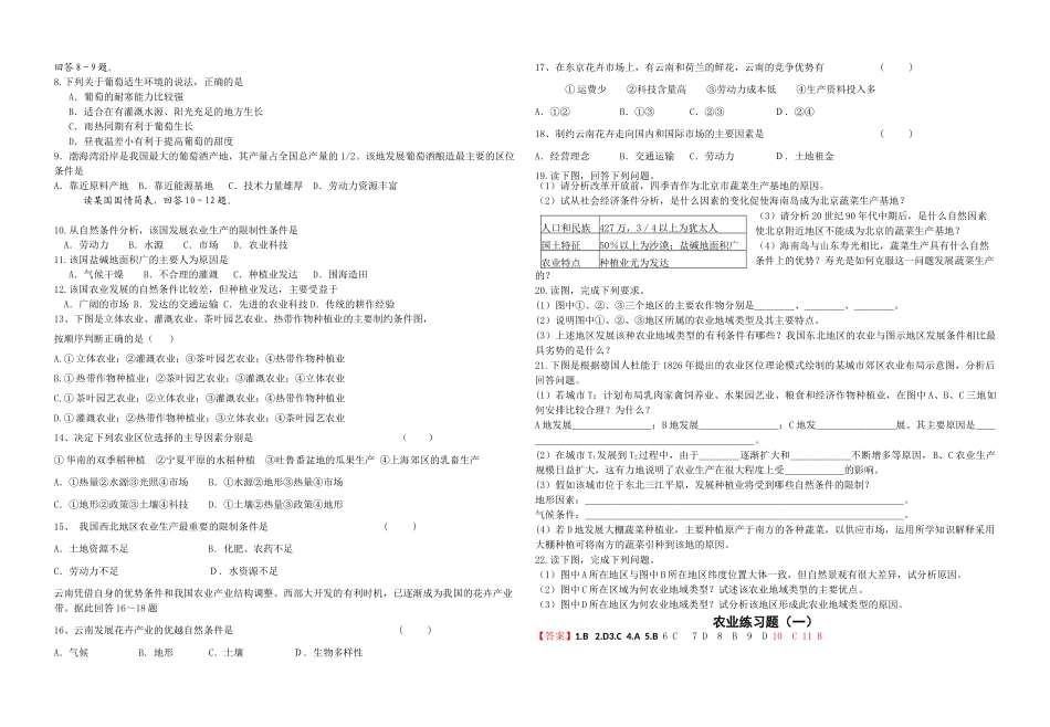 高中地理 农业专题部分练习题 鲁教版必修2 _第2页