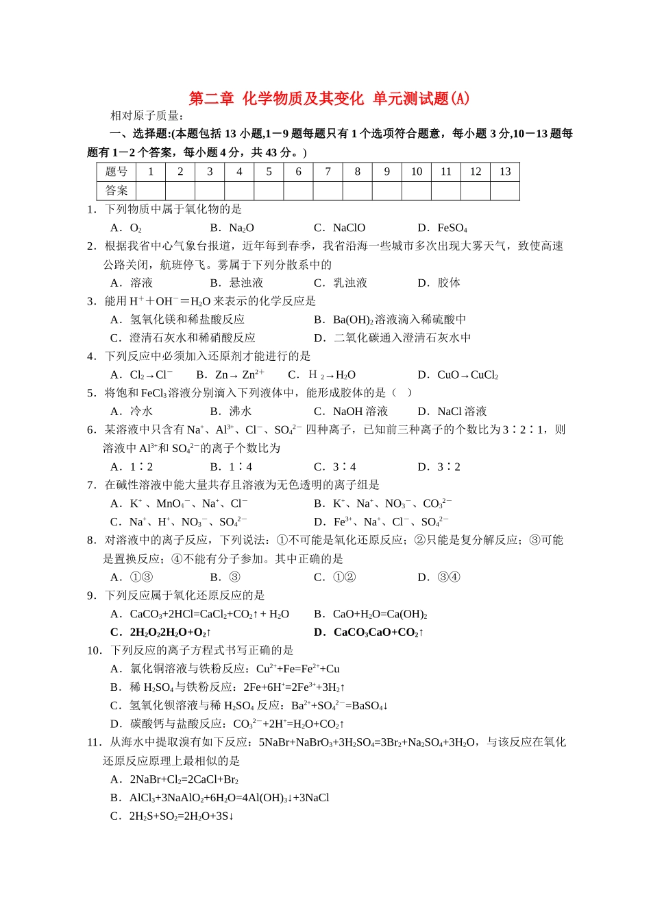 高中化学 第二章 化学物质及其变化单元测试题1 新人教版必修1 _第1页