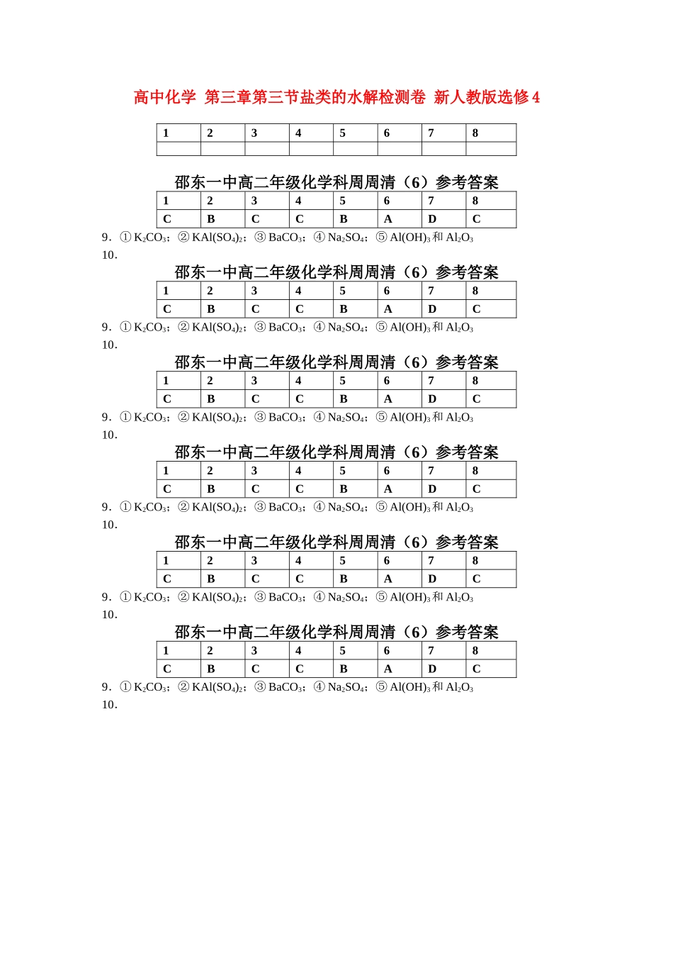 高中化学 第三章第三节盐类的水解检测卷 新人教版选修4 _第1页