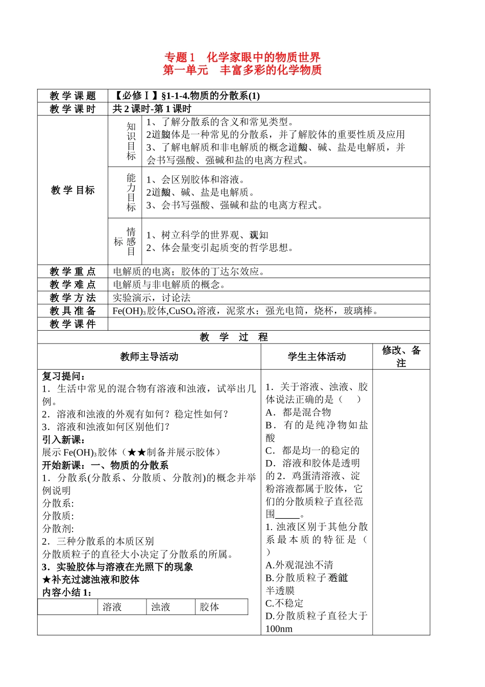 高中化学 物质的分散系1教案 苏教版必修1 _第1页