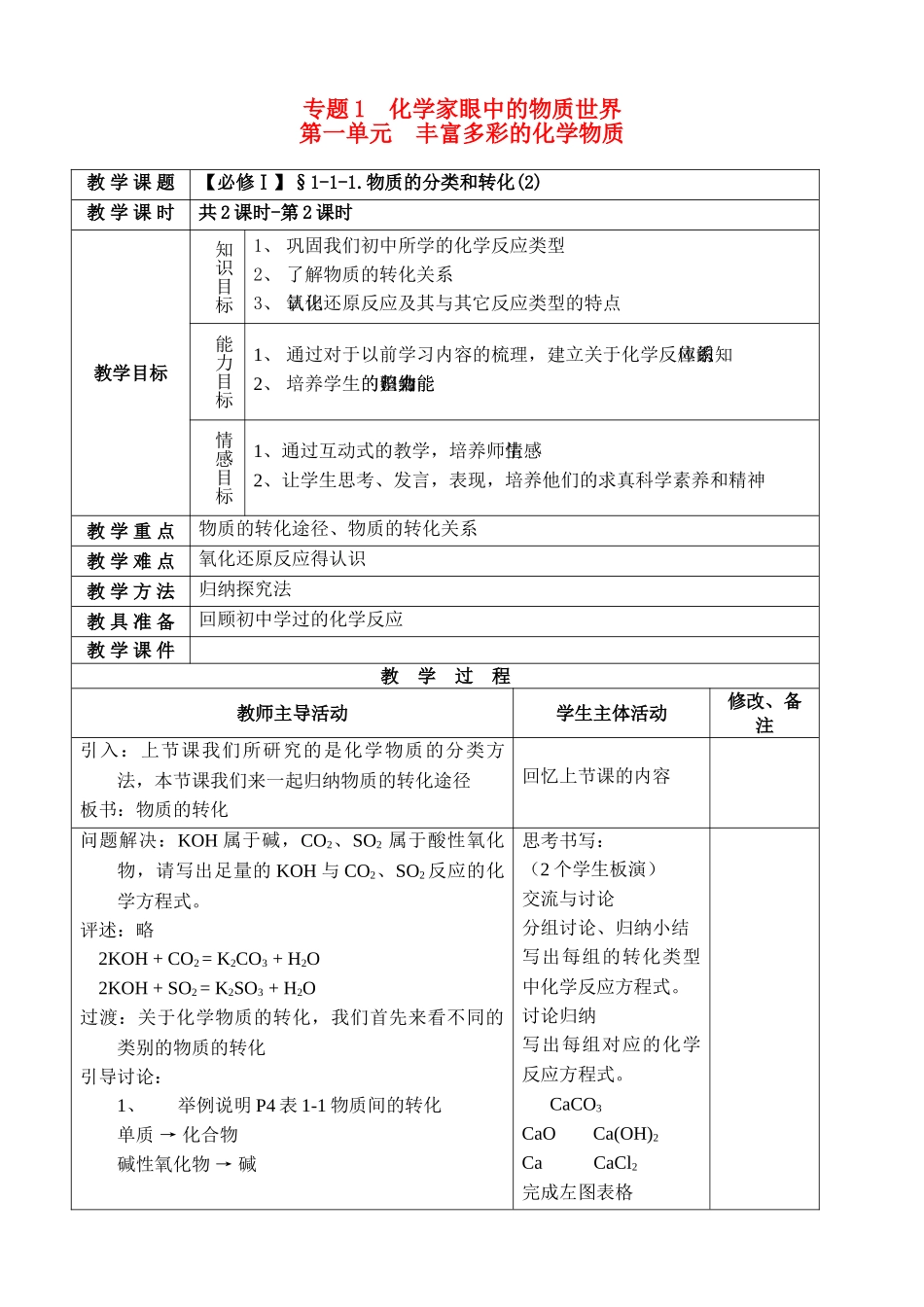 高中化学 物质的分类和转化教案 苏教版必修1 _第1页