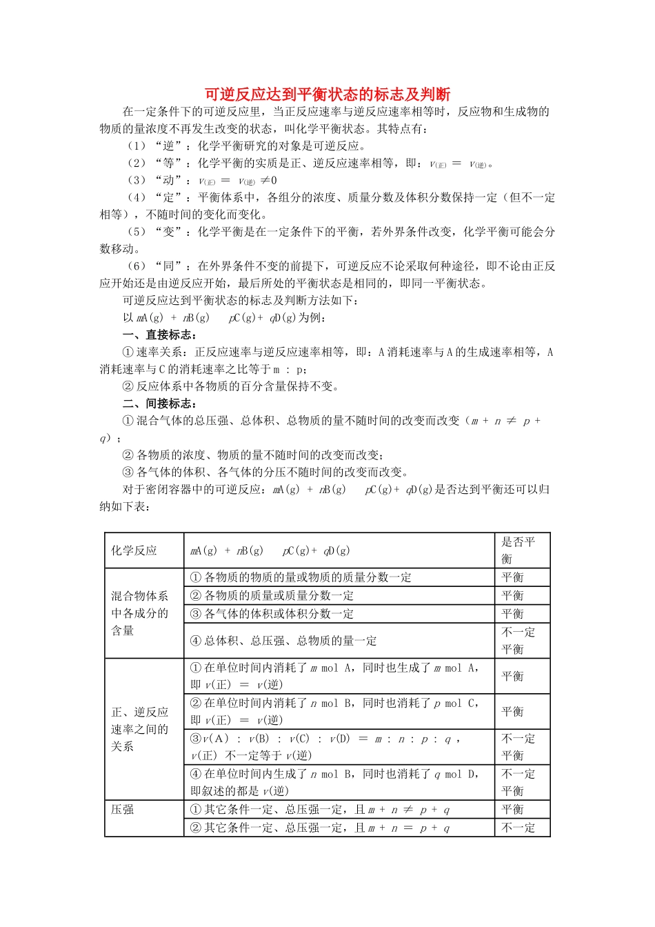 高中化学 可逆反应达到平衡状态的标志及判断学法指导 _第1页