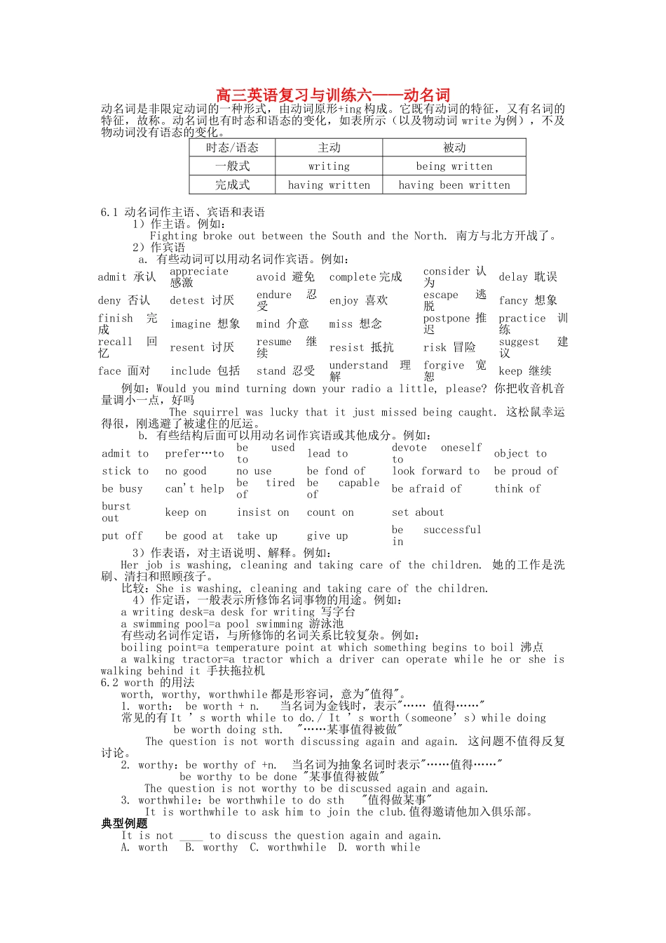 高三英语 复习与训练六动名词 _第1页