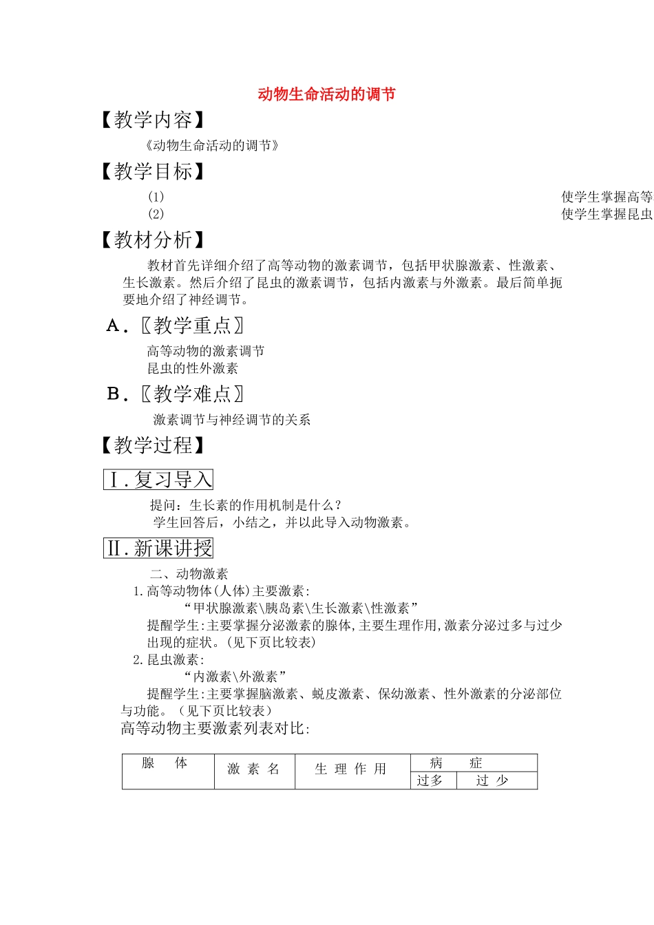 高三生物一轮复习教案29 动物生命活动的调节 新人教版 _第1页
