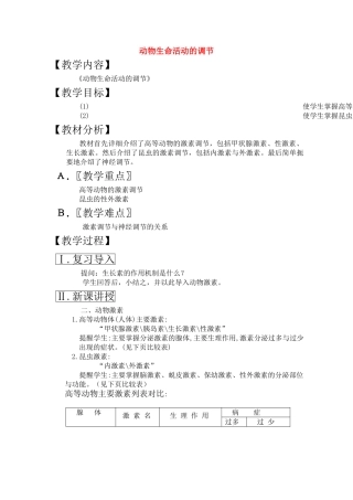 高三生物一轮复习教案29 动物生命活动的调节 新人教版 