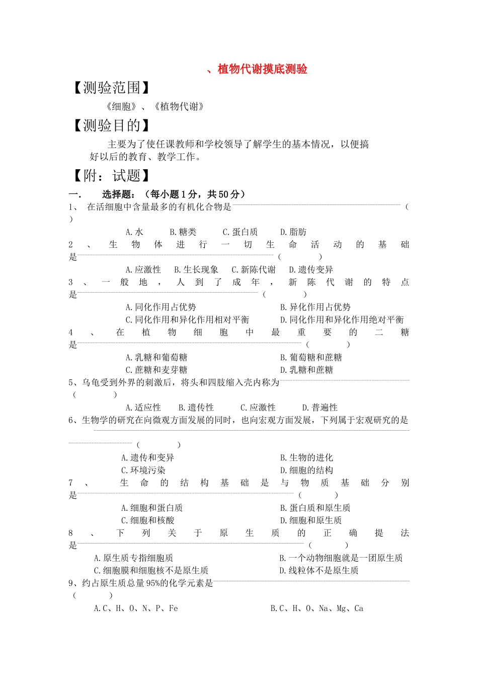高三生物一轮复习教案21 细胞植物代谢摸底测验 新人教版 _第1页