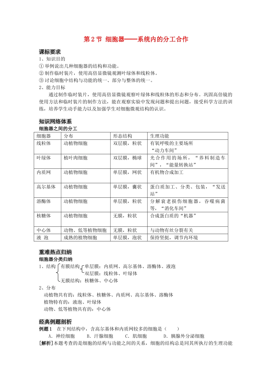 高三生物一轮复习 细胞器系统内的分工合作教学案 新人教版必修1 _第1页