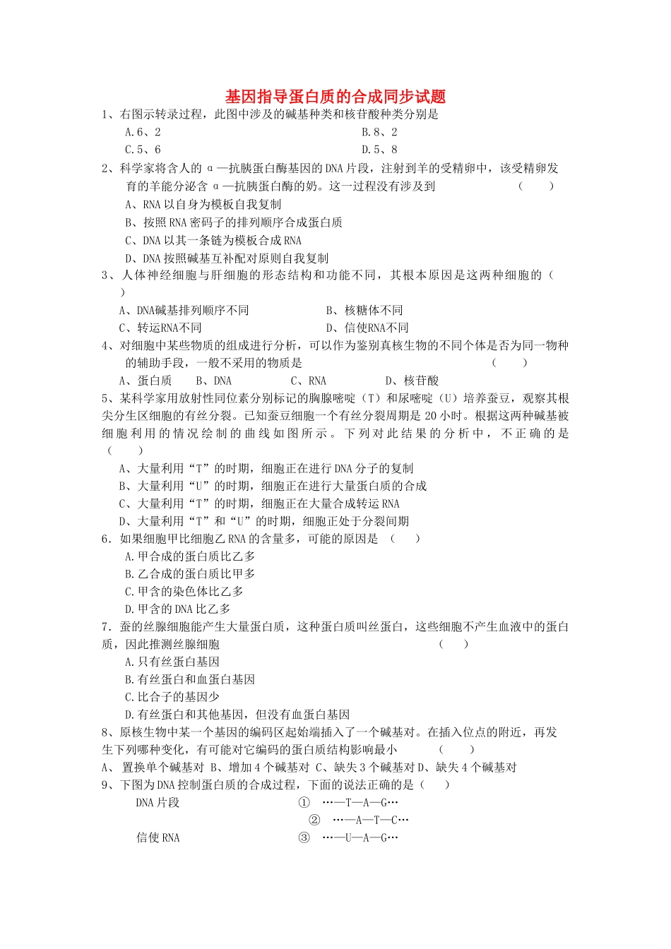 高三生物 基因指导蛋白质的合成同步试题 新人教版 _第1页