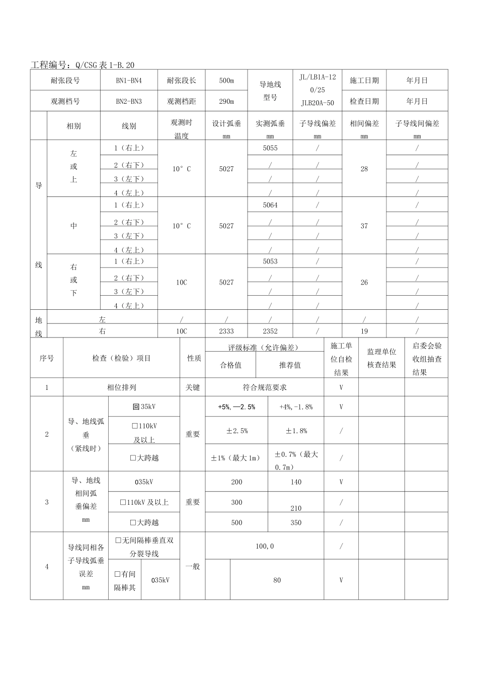 输电线路工程导地线紧线检查记录填表示范_第1页