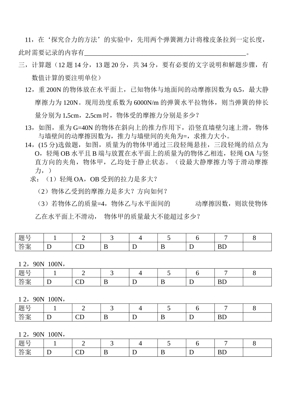 高一物理 第三章 相互作用测试题 新人教版必修1 _第3页