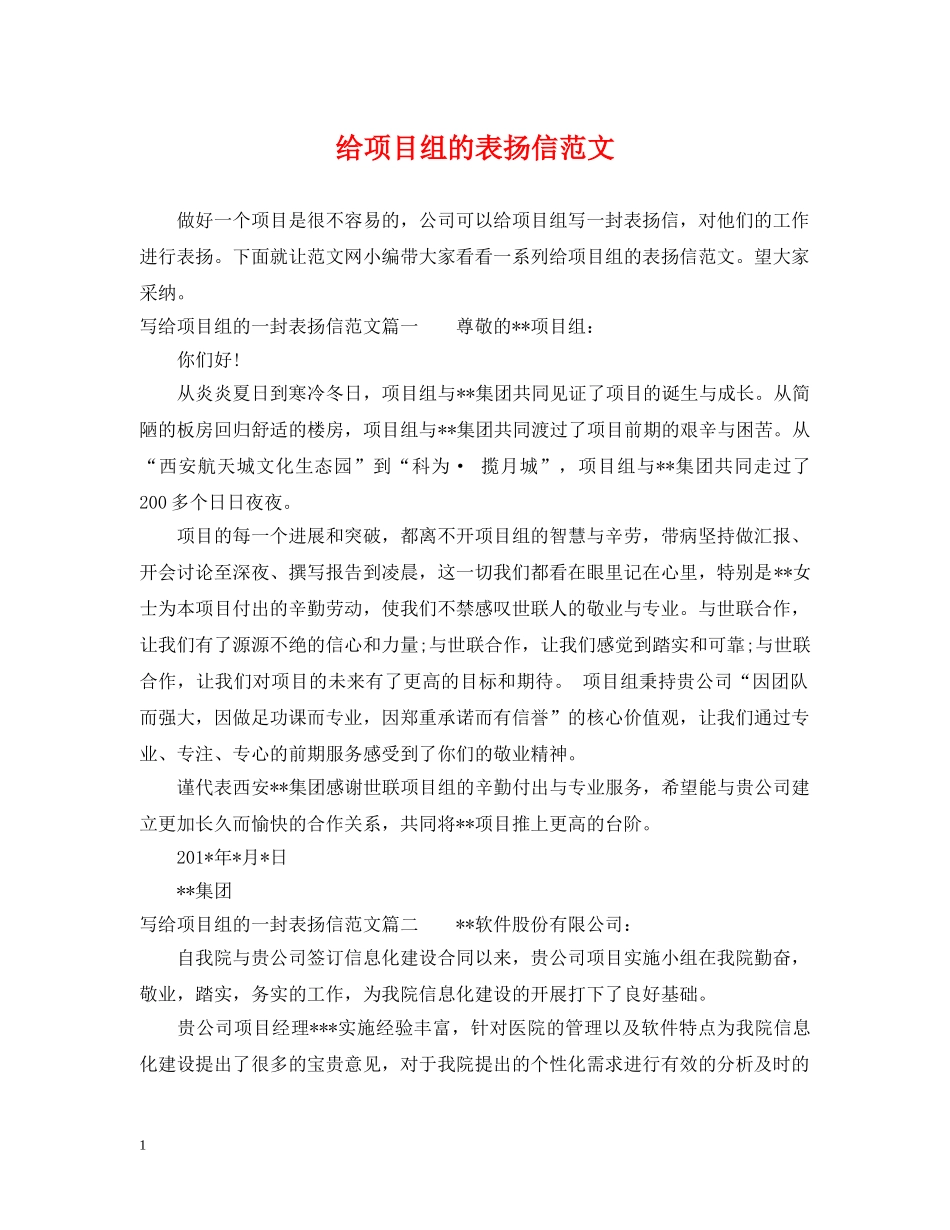 给项目组的表扬信范文 _第1页