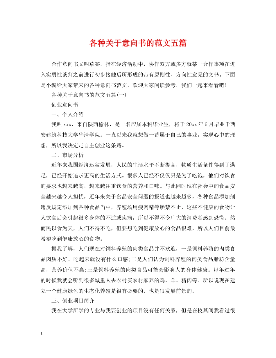 各种关于意向书的范文五篇 _第1页