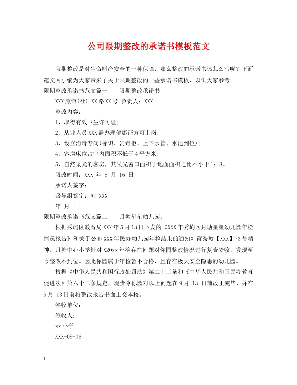 公司限期整改的承诺书模板范文_第1页