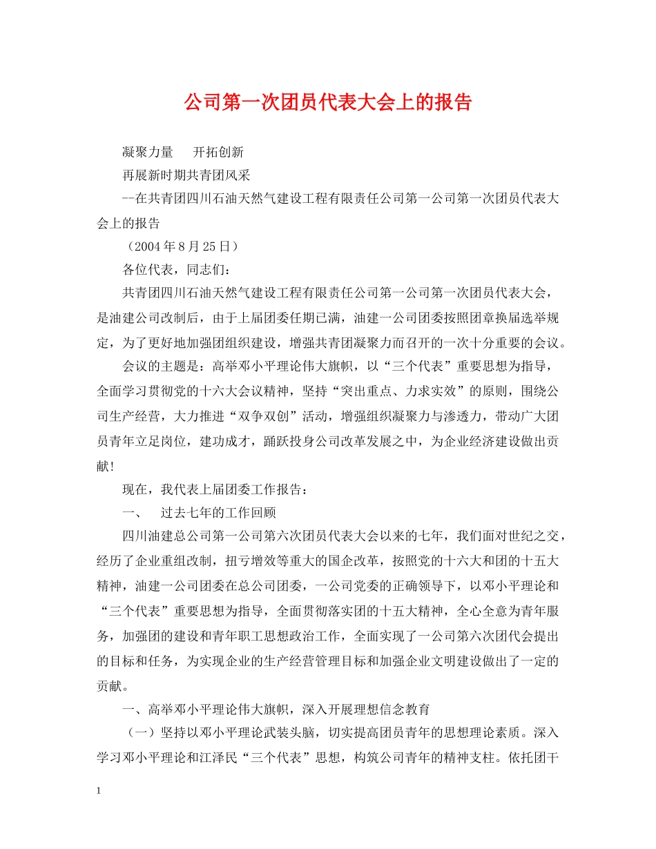 公司第一次团员代表大会上的报告_第1页