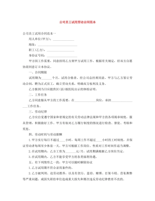 公司员工试用劳动合同范本