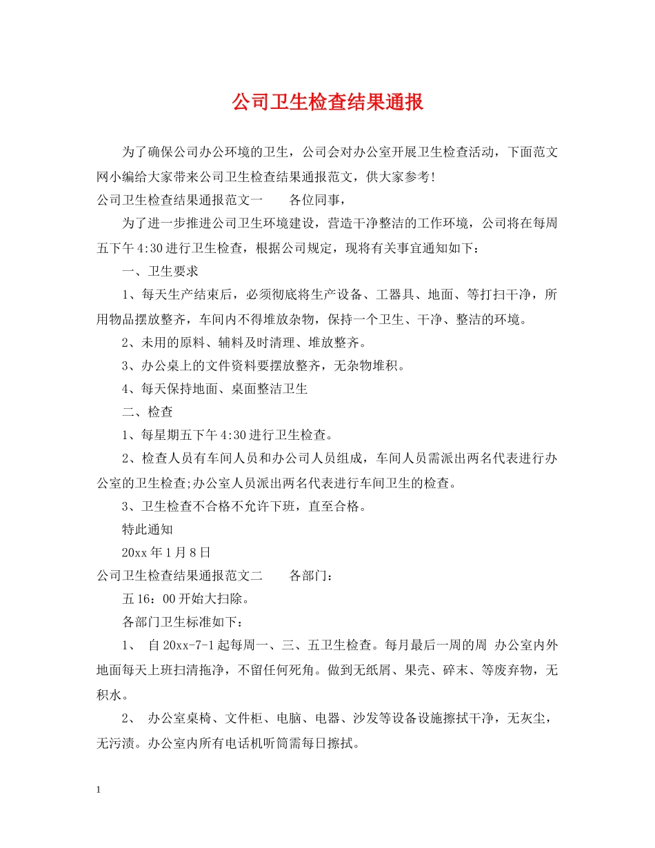 公司卫生检查结果通报_第1页