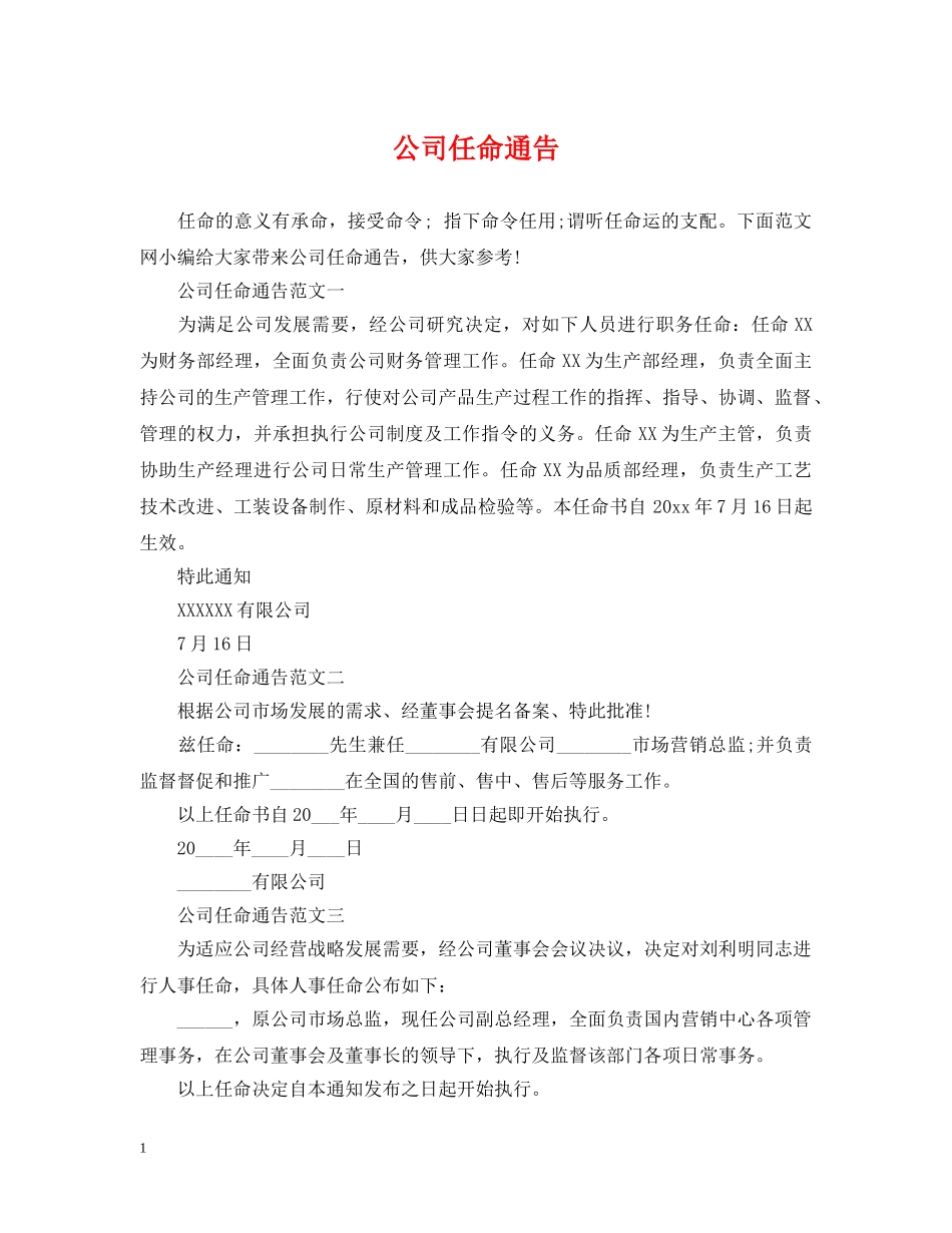 公司任命通告_第1页