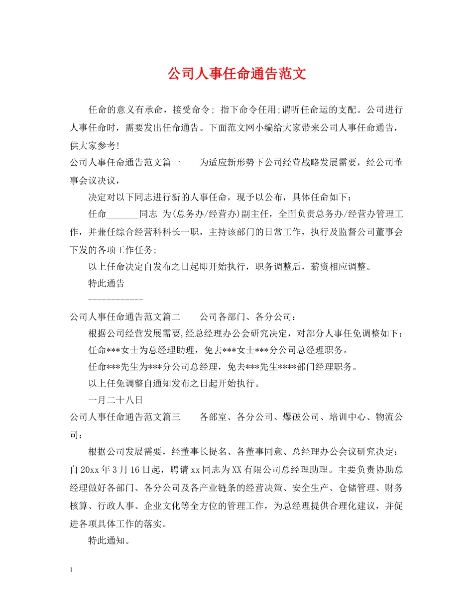公司人事任命通告范文_第1页