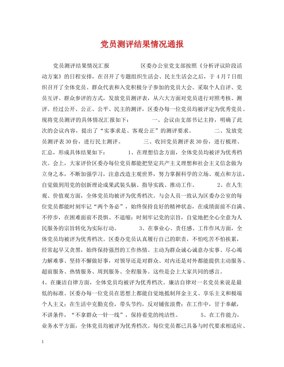 党员测评结果情况通报_第1页