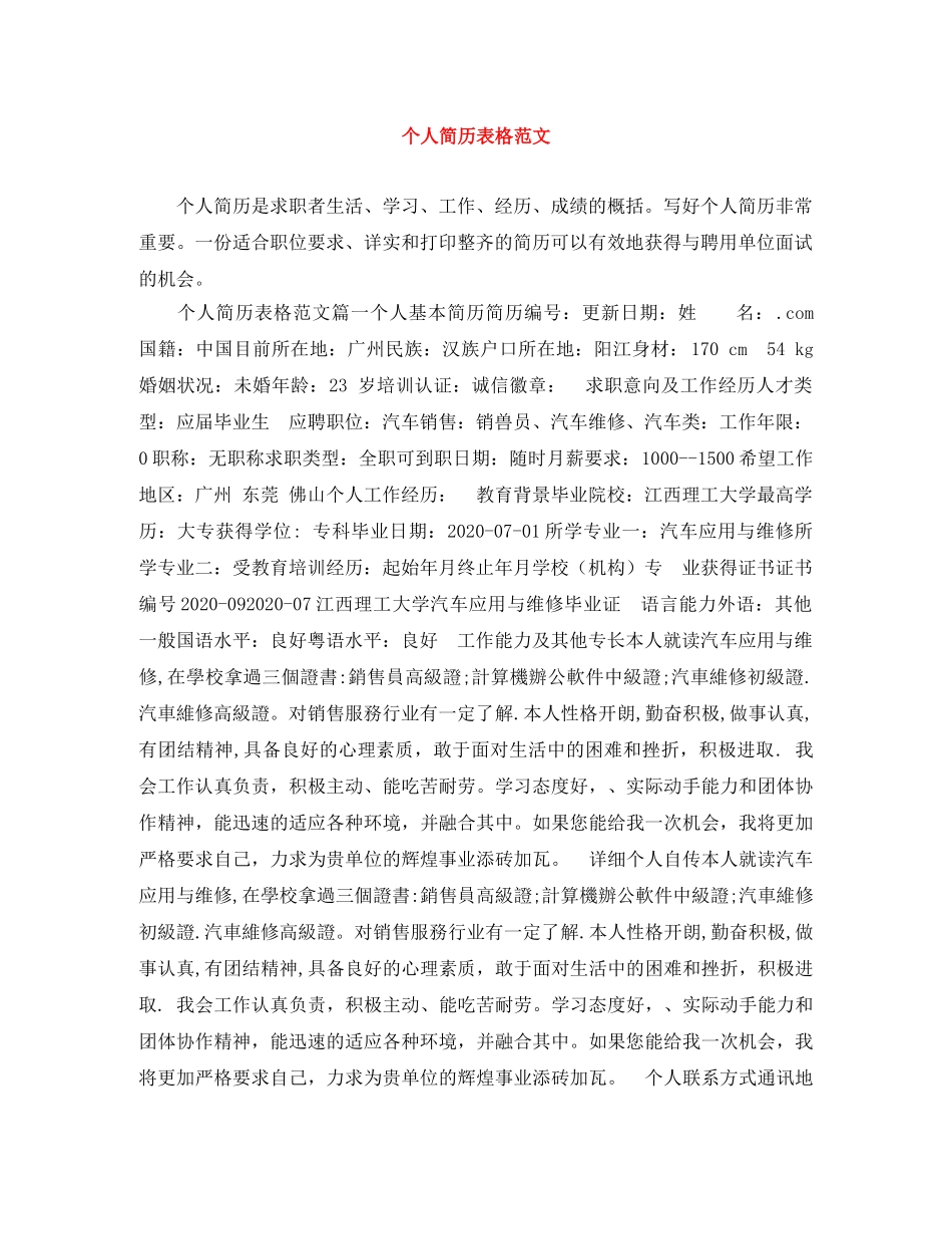 个人简历表格范文_第1页