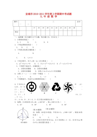 湖北省宜城市20102011学九级数学上学期期中考试题 