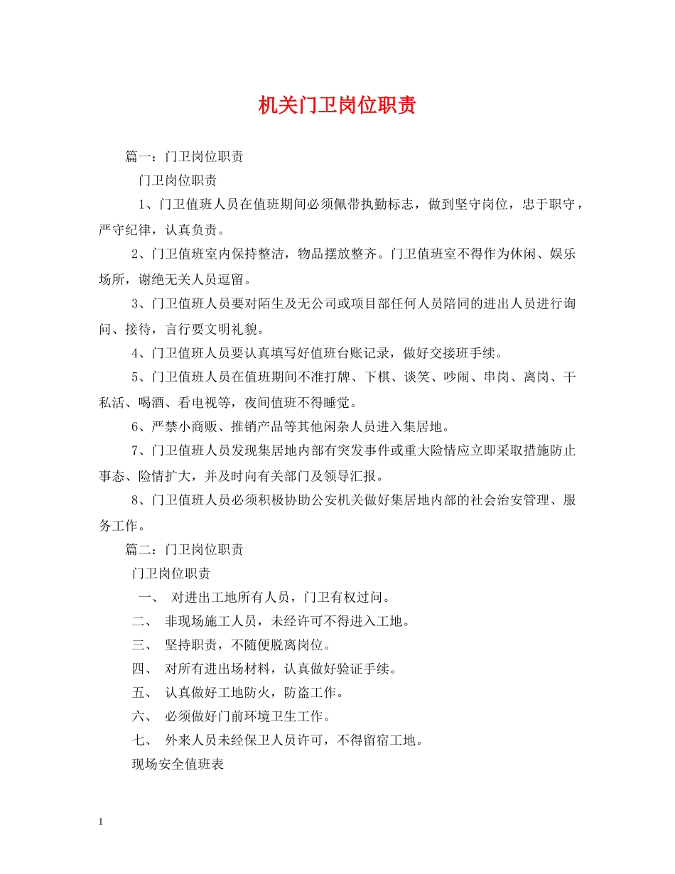 机关门卫岗位职责3 _第1页