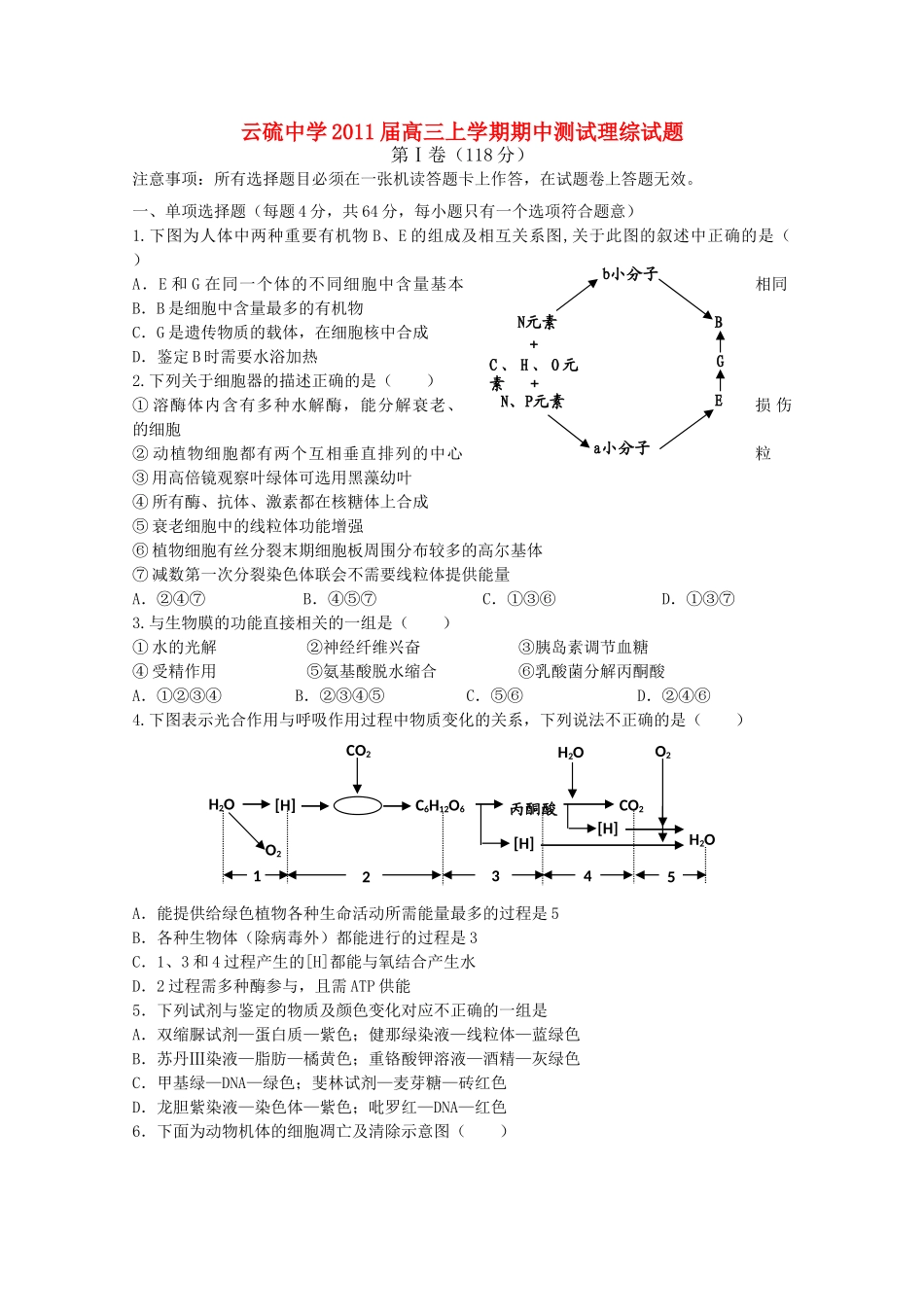 广东省云浮市云硫2011高三理综上学期期中考试答案不全 _第1页