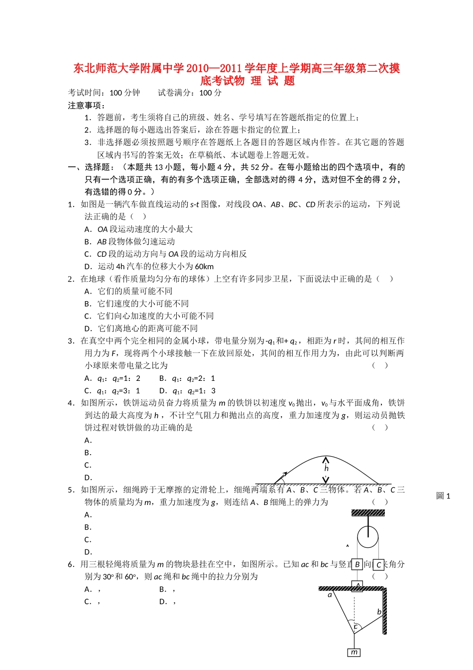 吉林省东北2011高三物理第二次摸底考试会员独享 _第1页