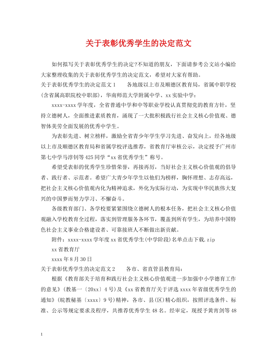 关于表彰优秀学生的决定范文_第1页