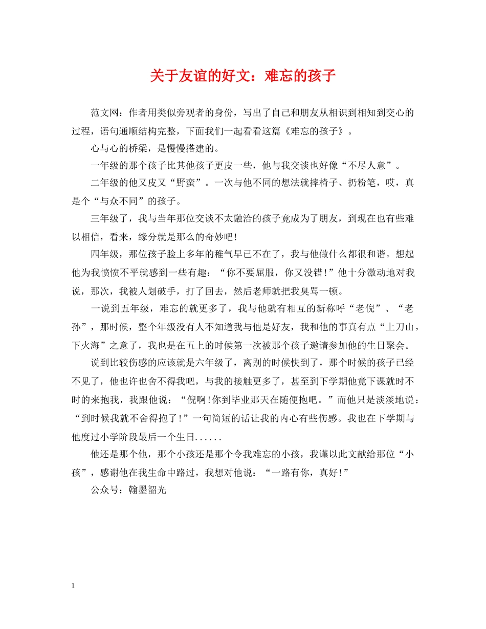 关于友谊的好文：难忘的孩子_第1页